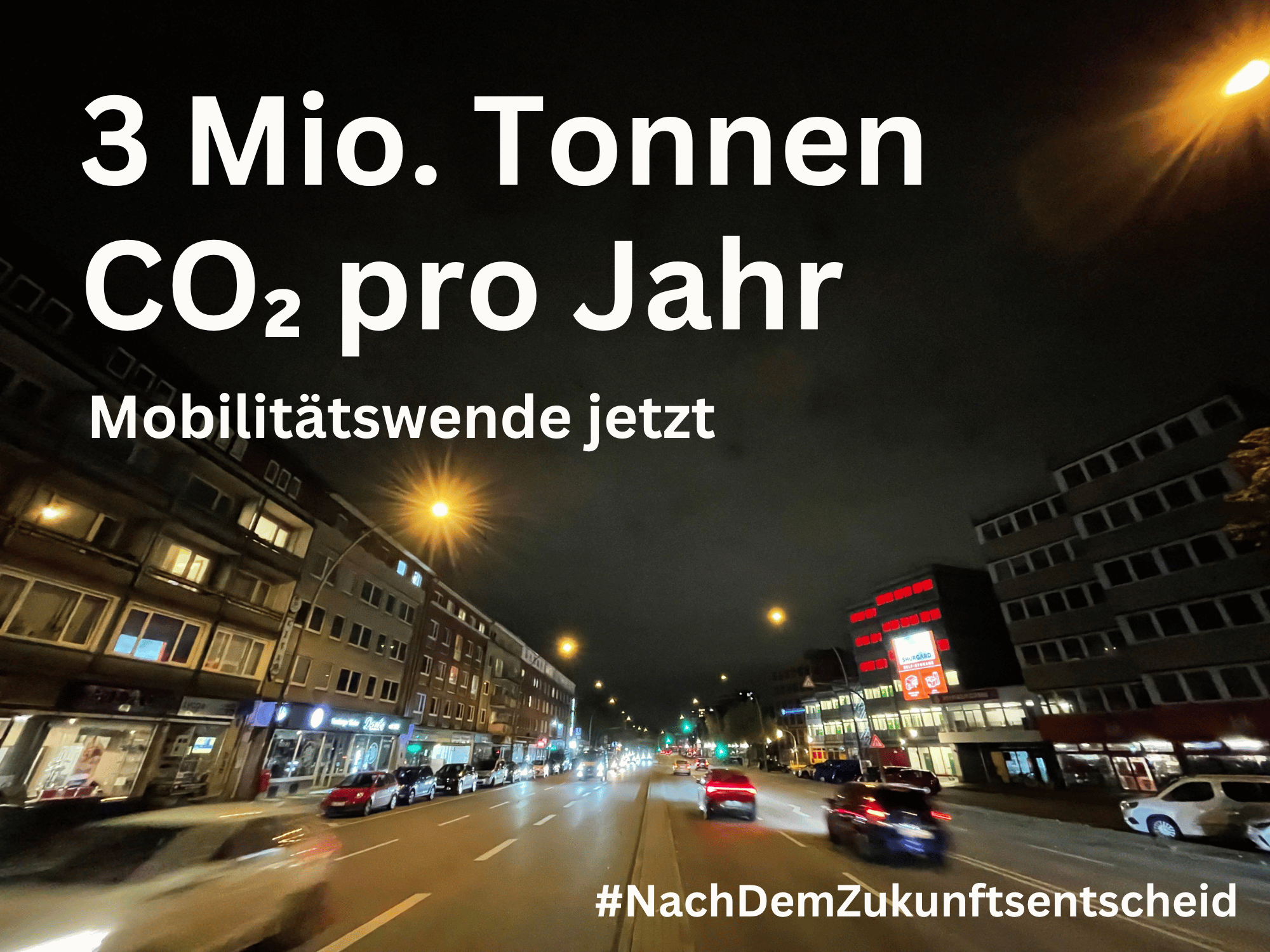 Nachtaufnahme der Hamburger Straße mit dichtem Verkehr; weißer Text über dem Bild: „3 Mio. Tonnen CO₂ pro Jahr – Mobilitätswende jetzt“.