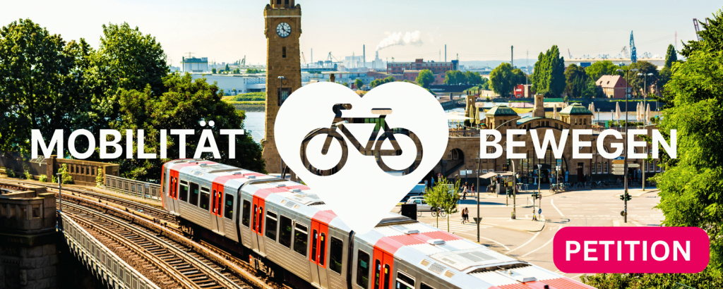 U-Bahn auf Hochbahnviadukt an den Landungsbrücken, Blick über den Hafen. Herz mit Fahrrad-Piktogramm in der Mitte. Schriftzug: „Mobilität bewegen“.