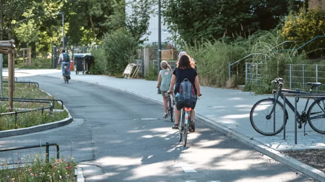 Breiter, geschützter Fahrradstreifen in der Louise-Schröder-Straße in Hamburg; mehrere Radfahrende unterwegs. © BVM / Robin Lindner Breiter, geschützter Radfahrstreifen in der Louise-Schröder-Straße in Hamburg mit mehreren Radfahrenden.